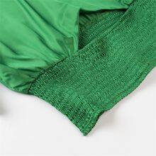 2025 Pleated Elastic Waist Shorts Women's French Fashion Satin Blouse Solid Color Tunic Top V-neck thumbnail-5