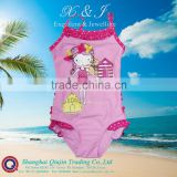 Toddler Girls Swimsuit with rubber printed litter girl,3D flower on hair,contrasted frills at front neck,back of hip &leg