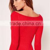 Red Opening Soulder Raglan Sleeve Bodysuit Cotton Blends Long Sleeve Sexy Plain Sweater thumbnail-6