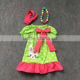 2016 New Design Baby Clothes Easter Dresses Cottom Bunny Chevron Dress Sleeve With Matching Necklace and Bow Set thumbnail-1