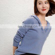 Women Cashmere Wool Rib Knit V Neck Cashmere Hoodie Sweater thumbnail-3