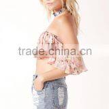 Designer Western Tops Images Women Off Shlouder Pink Floral Pattern Ruffle Crop Tops thumbnail-5