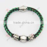 Stainless Steel Magnet Clasp With Green Leather Braided Cuff Bangle thumbnail-4