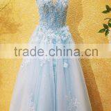 Free Shipping Real Sample Light Blue Beading Evening Dresses 2016 Crystal Flower Applique Open Back Bow Sash Party Gown ML183 thumbnail-2