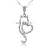 New Jewelry Design Brass Cubic Zirconia Hollow Heart Shaped Cat Pendant Necklace