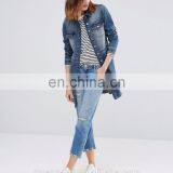 Stretch Denim Fabric Women Blue Long Jean Jacket Wholesale thumbnail-5