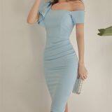 One Shoulder Blue Midi Dress Party Short Sleeve Solid Dress thumbnail-2