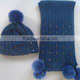 High Fashion Brand Quality Knitted Super Soft Speical Knitting Adults Women Hat Scarf Sets With Studs and Rabbit Fur Pompoms