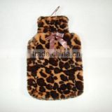 lovely leopard stripe printed synthetic fiber plush hot water bottle cover with bowknot