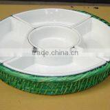 Rattan Table Candy Holder, White Rattan and Ceramic Tray Round