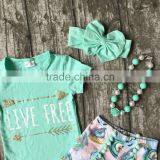 Baby Girls Summer Clothes Girls Children LIVE FREE Girl Outfits Kids Arrow Outfits Mint Top With Shorts With Accessories thumbnail-3