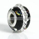 Lampwork Glass European Style Large Hole Charm Beads Round Silver Plated Core Black Clear Rhinestone thumbnail-1