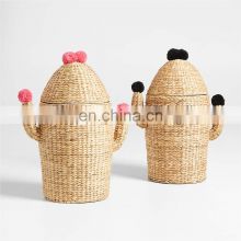 Best Price Water Hyacinth Pompom Cactus Hamper Home Decoration Clothes Wicker Basket Iron frame Best Price Wholesale