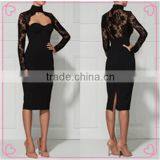 Black Long Sleeve Knee Length Sexy Lace Bandage Dress thumbnail-1