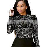 Women Sexy Crewneck Long Sleeve Mesh Rhinestone See Through T Shirt Tops thumbnail-1