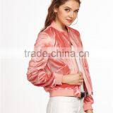 Women Zip Up Shirred Velvet Bomber Jacket Pink With Side Pockets Slim Fit Classic Shiny Jacket Coat thumbnail-5