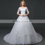 MGOO Off Shoulder Short Sleeve Shinny Beaded Lace Hem A-line Floor Length Wedding Dress Crisscross Back thumbnail-3