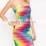 2016 Rayon Elastic Knitted Bandeau Bandage Festival Rainbow Dress Off Shoulder Silm Bodycon Mini Dress thumbnail-2
