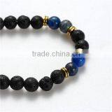 New Fashion Stone Lava Lapis Lazuli Beaded Healing Bracelet Black Gold Tone Antique Gold Elastic thumbnail-2