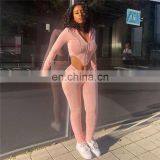 Long Sleeve Solid Cardigan Hooded Top Sexy Low Neck Bellybutton Tight Pants Stacked Suit Women Two Piece Set