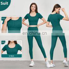 Soft Ribbed Front Botton Short Sleeved T-Shirts Wholesale Women Tight Yoga Crop Tops thumbnail-3