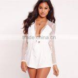 HAODUOYI Women White Lace Long Sleeve Deep V Neck Tie Front Playsuit thumbnail-5