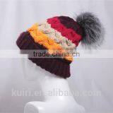 Winter Warm Knit Cap Thick Stick Knitting Mixed Color Winter Hats for Women Beanies With Fox Fur Poms thumbnail-3