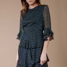 Ladies' 100%silk Chiffon Short Sleeve Ruffler Edge Print Dress thumbnail-3