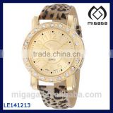 Champagne gold dial leopard pu leather strap alloy watch/Crystal Bezel Women's Leopard Patterned Strap Alloy Watch