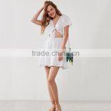 HAODUOYI Soild White Hollow Out Women Dress Deep V-neck Expose Waist Short Sleeve Chest Lace-up Ladies Vestidos for Wholesale thumbnail-5