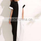 Colorblock Pocket Short Sleeve Maxi Dress 100% Cotton Two Color Contrast Sewing Casual Tee Dress thumbnail-3