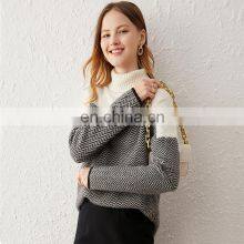 Latest Ladies Turn Down Collar Black and White Splicing Wave Stripe Women's Cashmere Knit Sweater
