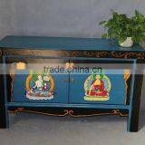 Chinese Antique Blue Mongolia Painting Cabinet