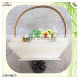 Hand Carved Large Arched Handle Wood Flower Basket thumbnail-5