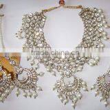 CRYSTAL PEARL Gold Plated Kundan Pendant Necklace CHAND BALI EARRING Set thumbnail-3