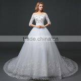 MGOO Elegant Old Castle Long Tail Wedding Dress Lao White Embroidery Off Shoulder 3/4 Long Sleeves Dress thumbnail-2