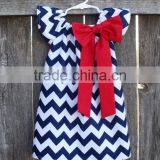 Hot Sale 4th of July Girls Dress Bowknot American National Day Dresses Cotton Blue Chevron Summer Dress