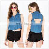 Woman Fashion Single Chest Pocket Cropped Denim Sexy Cotton Shirt thumbnail-1