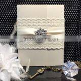 off White Cardstock With White Crystal and White Silk Ribbon Wedding Invitation Card