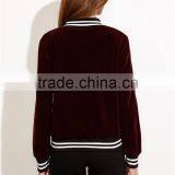 MGOO Women Burgundy Velvet Bomber Jacket With Striped Trim Plain Baseball Jacket Zipper Closure thumbnail-2