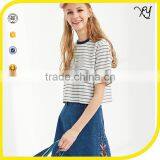 Slim Soft Elastic Girl Short Sleeve O-neck Crop Top T-shirt 100% Cotton Wholesale Striped T-shirt thumbnail-1