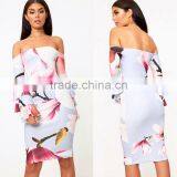 Ruffle Flare Sleeve Digital Floral Print off Shoulder Bodycon Bardot Dress thumbnail-5