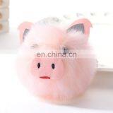 Customized size faux fur pom pom keychain lovely pink pig cheap fur ball plush keychain