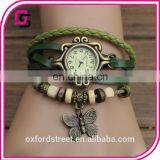 Ms Retro Hand-woven Imitation Leather Bracelet Watch Fashion and Colorful Butterfly Pendant Quartz Watch thumbnail-3