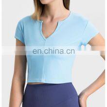 Summer Breathable Women Fitness Gym Yoga Wear Ribbed Short Sleeve V Neck Crop Top Ladies Workout Sports Training T Shirt Apparel thumbnail-5