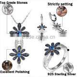 925 Sterling Silver Blue Saphire Daisy Flower Jewelry Set With Pendant Ring and Ear Studs thumbnail-2