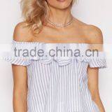 Summer Fashion Women Clothes Ruffle Cropped Tops off Shoulder Striped Tops thumbnail-1
