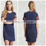 Woman Short Sleeve Round Neck Contrasting Varsity Stripes T-shirt Casual Shift Dress thumbnail-1