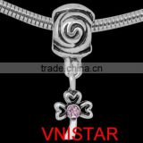 Vnistar antique silver plated pink leaf shaped europenan crystal dangle beads stock wholesale for bracelet&DIY jewelry PBD3223