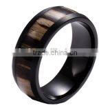 8MM Men's black Titanium Ring Wedding Band with Real Wood Inlay